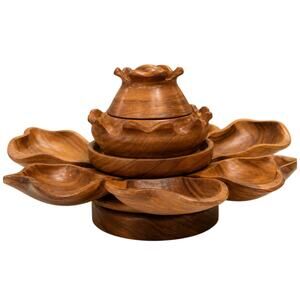 Vintage Large Monkey Pod Lotus Serving Bowl Set Lazy Susan Hand Carved Wood EUC